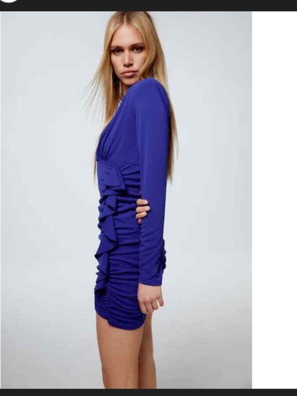 Zara Cobalt Blue Long-Sleeve V-Neck Ruched Dress with Side Ruffle - Picture 2 of 9